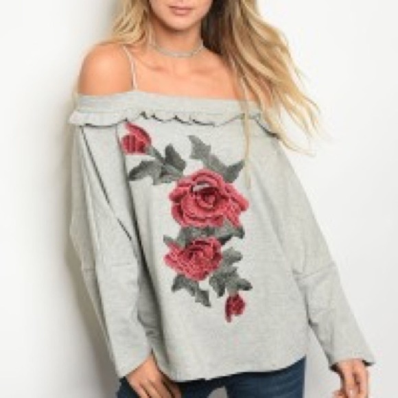 Heather Gray Ruffle Off Shoulder Top - Picture 1 of 3